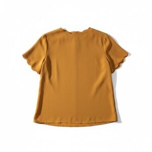 Sara Stephen Mustard Yellow Blouse, Women's Small Keyhole Back, Scalloped Sleeve